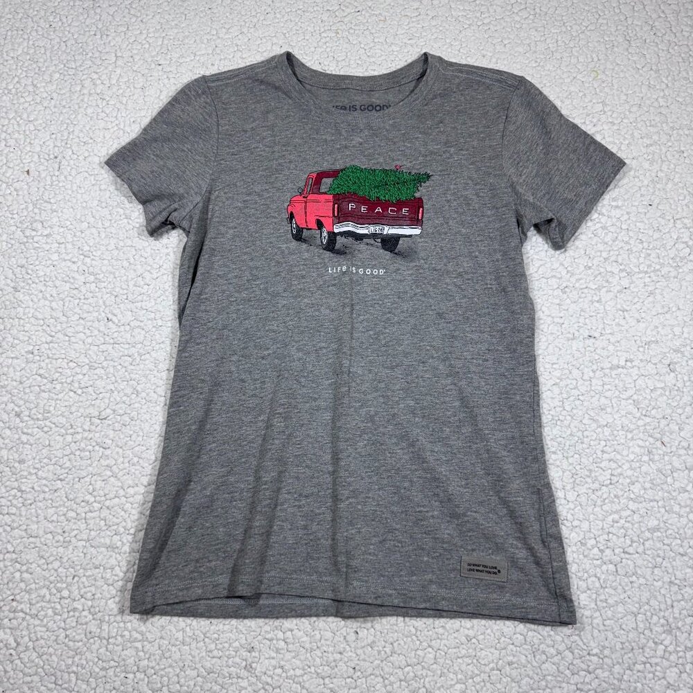 Life is Good Womens Christmas Crusher Tee T Shirt Size Small Gray Truck - Picture 1 of 5